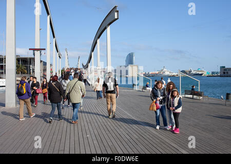 Barcelona, Catalonia, Spain, people on Rambla de Mar wooden promenade at Port Vell Stock Photo