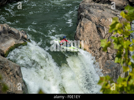 Scenes of two kayakers navigating the chutes at Great Falls National Park, Great Falls, Virginia Stock Photo