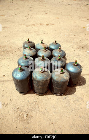 Rows of tanks filled with flammable gas in the street - Morocco Stock Photo