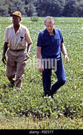 Nov. 11, 2014 - President Jimmy Carter and his brother Billy Carter are joined by a tenant farmer as they assess their summer peanut crop. The Carters own tracts of farmland around Plains, Georgia along with a peanut warehouse in that city, although the President's holdings are held in a blind trust during his presidency. (Credit Image: © Ken Hawkins via ZUMA Wire) Stock Photo