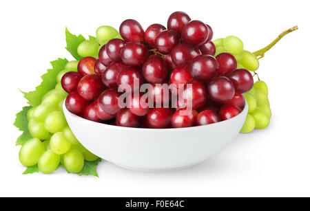 Red and green grapes in a bowl  isolated on white Stock Photo