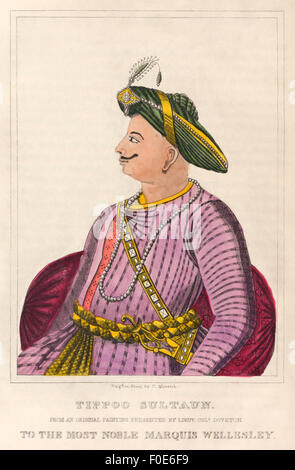 Tipu Sultan (1750-1799), eldest son of Sultan Hyder Ali of Mysore (see image F0E6FA) and ruler of the Kingdom of Mysore (coronation 1782). Tipu expanded the iron-cased Mysorean rockets and wrote the military manual Fathul Mujahidin, considered a pioneer in the use of rocket artillery. He deployed the rockets against advances of British forces and their allies in their 1792 and 1799 Siege of Srirangapatna where he met his death. Stock Photo