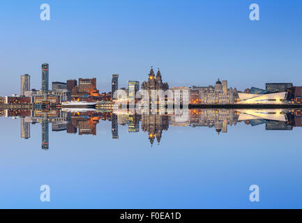 A perfect reflection of Liverpool city skyline. All the famous landmarks of Liverpool on the horizon. Stock Photo