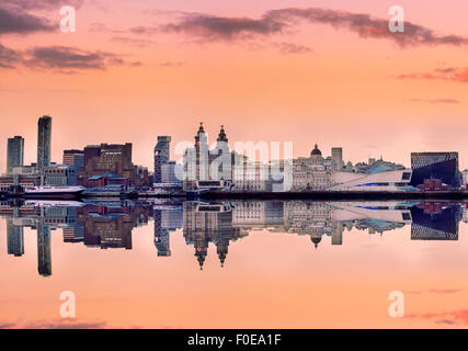 Liverpool skyline with a panoramic view of all the famous landmarks on the bank of Mersey river. Stock Photo