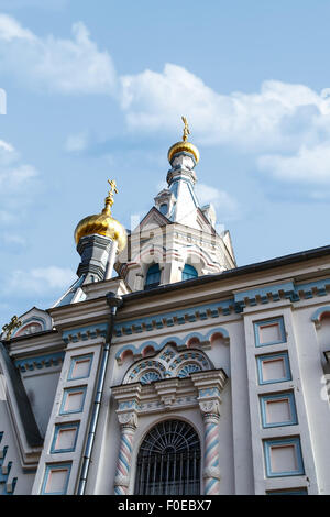 view of Orthodox Ss Boris and Gleb Cathedral in Dougavpils, Latvia, on blue sky background. Stock Photo
