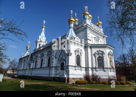 DOUGAVPILS, LATVIA - APRIL 28, 2015 : Side view of Orthodox Ss Boris and Gleb Cathedral in Dougavpils, Latvia. Stock Photo