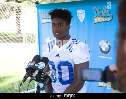 San Bernardino, CA. 10th Aug, 2015. UCLA linebacker(30) Myles Jack answers question after the first day of fall practice on Monday, August 10, 2015 at Cal State San Bernardino College, San Bernardino, California. (Mandatory Credit: Juan Lainez/MarinMedia.org/Cal Sport Media) (Complete photographer, and credit required) © csm/Alamy Live News Stock Photo