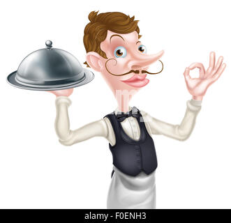 An illustration of a cartoon waiter doing a perfect or okay sign and holding a siver platter dome Stock Photo