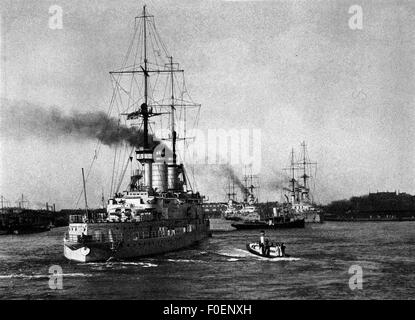 transport / transportation, navigation, warships, Germany, naval unit entering the harbour of Wilhelmshaven, 1909, photo by G. Kloppmann, Additional-Rights-Clearences-Not Available Stock Photo