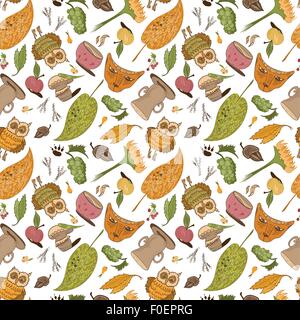 Autumn essentials creative doodle seamless texture with leaves, owl, fox, cup and apple, mushroom, acorn Stock Vector