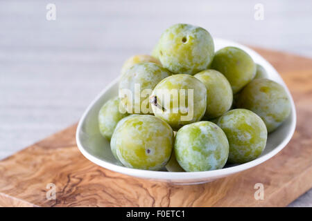 Prunus domestica. Greengages in a white bowl. Stock Photo