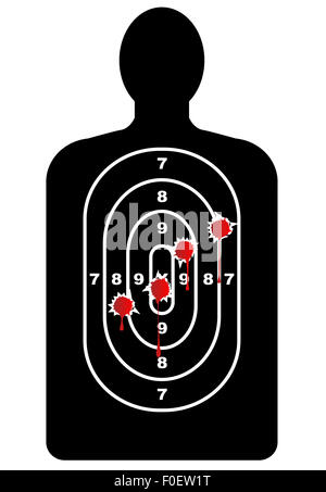 A human outline target as used in shooting galleries but with blooded bullet holes Stock Photo