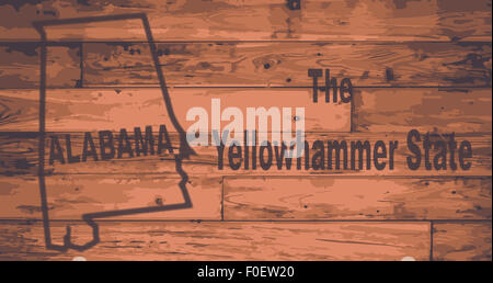 Alabama state map brand on wooden boards with map outline and state nickname Stock Photo