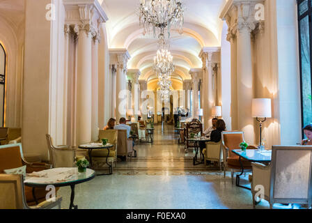 Paris, France, Luxury, Inside Hallway, Café, 'Hôtel Plaza Athénée Paris', 5 Star Palace, sophisticated hotels, hotel interiors, historical hotel hallway Stock Photo