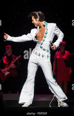 Memphis, Tennessee, USA. 12th August, 2015. Daisuke Kiryu from Kobe Harborland Japan at The 2015 Ultimate Elvis Tribute Artist Contest August 11 - 12 -13 2015 Orpheum Theatre, Memphis Tennessee Credit:  Catherine Brown/Alamy Live News Stock Photo