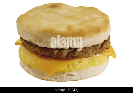 Breakfast Sandwich, Biscuit, Cheese, Scrambled Egg, Sausage Stock Photo