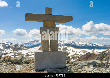 'Ilanaaq', Winter Olympic mascot Inuksuk on Harmony Ridge in summer, Harmony Ridge, Whistler Mountain, Whistler, BC, Canada Stock Photo