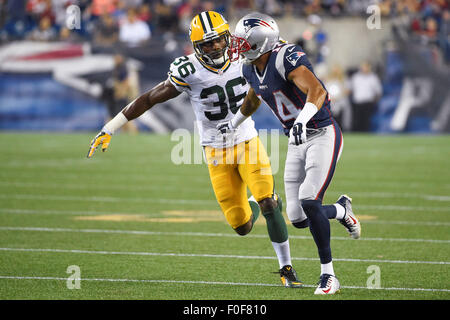 August 13, 2015: Green Bay Packers cornerback Ladarius Gunter (36) covers New England Patriots wide receiver Chris Harper (14) during the NFL pre-season game between the Green Bay Packers and the New England Patriots held at Gillette Stadium in Foxborough Massachusetts. The Packers defeated the Patriots 22-11 in regulation time. Eric Canha/CSM Stock Photo