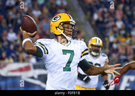 August 13, 2015: Green Bay Packers quarterback Brett Hundley (7) throws a pass during an NFL pre-season game between the Green Bay Packers and the New England Patriots held at Gillette Stadium in Foxborough Massachusetts.The Packers defeated the Patriots 22-11 in regulation time. Eric Canha/CSM Stock Photo