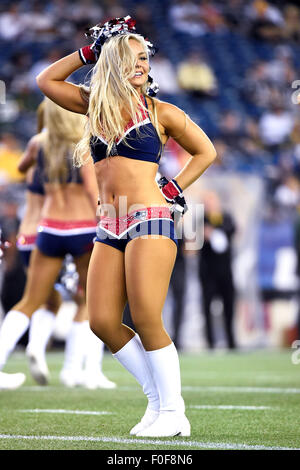 August 13, 2015: Patriots cheerleaders entertain fans during a break in the action at the NFL pre-season game between the Green Bay Packers and the New England Patriots held at Gillette Stadium in Foxborough Massachusetts. The Packers defeated the Patriots 22-11 in regulation time. Eric Canha/CSM Stock Photo