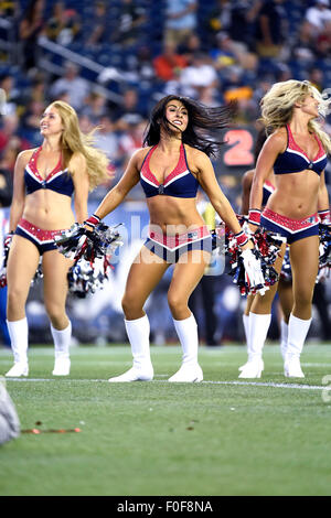 August 13, 2015: Patriots cheerleaders entertain fans during a break in the action at the NFL pre-season game between the Green Bay Packers and the New England Patriots held at Gillette Stadium in Foxborough Massachusetts. The Packers defeated the Patriots 22-11 in regulation time. Eric Canha/CSM Stock Photo