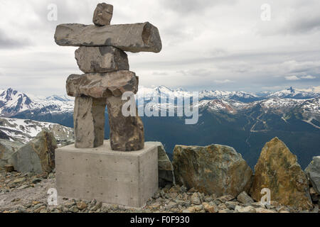 'Ilanaaq', Winter Olympic mascot Inuksuk at Horstman Hut in summer, Blackcomb Mountain, Whistler, BC, Canada Stock Photo