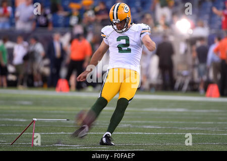 August 13, 2015: Green Bay Packers kicker Mason Crosby (2) warms up before the NFL pre-season game between the Green Bay Packers and the New England Patriots held at Gillette Stadium in Foxborough Massachusetts. The Packers defeated the Patriots 22-11 in regulation time. Eric Canha/CSM Stock Photo