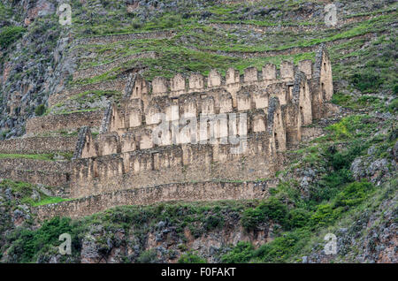 Pinkuylluna, Inca storehouses near Ollantaytambo. Cusco, Peru. Stock Photo