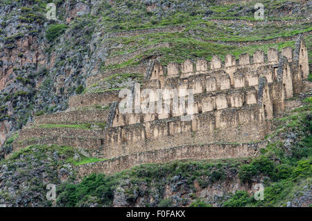 Pinkuylluna, Inca storehouses near Ollantaytambo. Cusco, Peru. Stock Photo