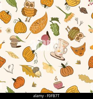 Seamless autumn texture with fall forest and farm essentials Stock Vector