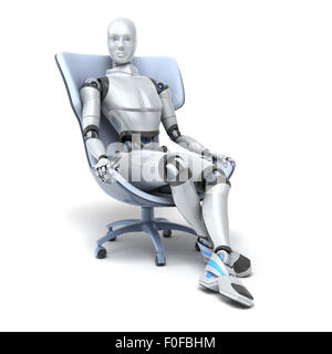 Android sits in a chair isolated on white. Clipping path included Stock Photo