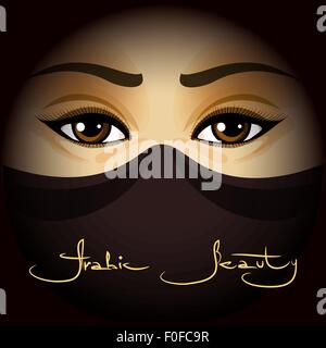 The eyes of arabic muslim woman in  with handmade lettering Arabic Beauty. Colorful illustration. Stock Vector