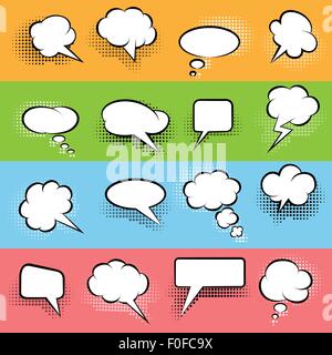 Speech Bubbles Set. Black and white bubbles and various halftone shadows. Retro Comic style. Stock Vector