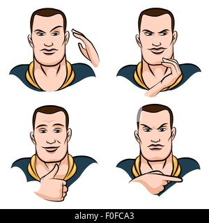 A young man face expression set drawn in cartoon style. Confidence, rage, uncertainty, slyness. Isolated on white background. Stock Vector