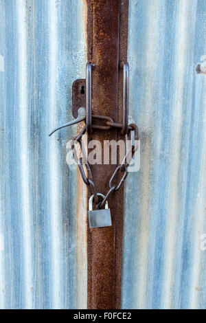 Rusty chain and padlock on a corrugated iron door Stock Photo