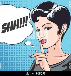 Beautiful young woman with silence sign. Comic Pop Art Style. Stock Vector