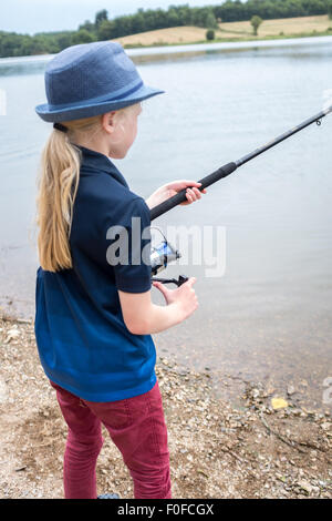 Kid Boy Fishing on the Lake. Young Fisher. Boy with Spinner at