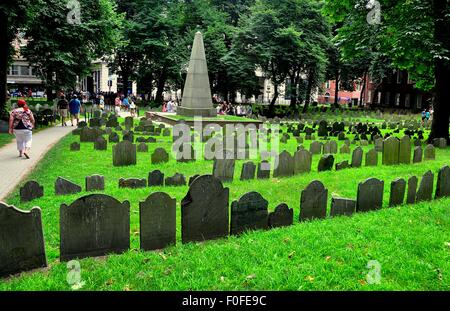 Boston, Massachusetts:  Rows of 18th century tombstones in the historic Grannary Burial Ground on Tremont Street * Stock Photo
