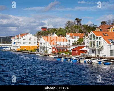 White houses in Mandal, at tbe famous Mandal river famous for salmon fishing, norwegian coast, Mandal, Vest-Agder, Norway Stock Photo