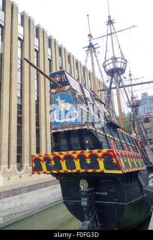 A replica of Francis Drake's Golden Hind ship near London Bridge. Stock Photo