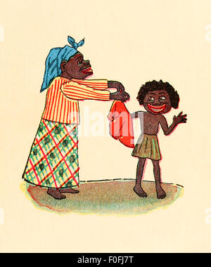 'And Black Mumbo made him a beautiful little Red Coat...' Image from 'The Story of Little Black Sambo' by Helen Bannerman. See description for more information. Stock Photo
