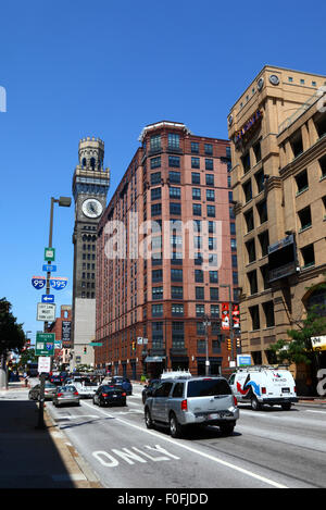 Traffic and Bromo-Seltzer Arts Clock Tower, Baltimore City, Maryland, USA Stock Photo