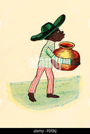 Black Jumbo with his big brass pot collects the Tiger butter. Image from 'The Story of Little Black Sambo' by Helen Bannerman. See description for more information. Stock Photo