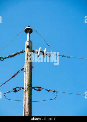 Insulators on power lines on a pole of an overhead power line Stock ...