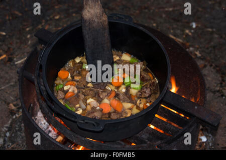 Beef stew cooking in a cast iron dutch oven over an open campfire Stock Photo