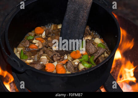 Beef stew cooking in a cast iron dutch oven over an open campfire Stock Photo