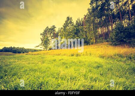 Vintage photo of beautiful landscape with morning meadow. Sunrise over morning meadow in Poland Stock Photo