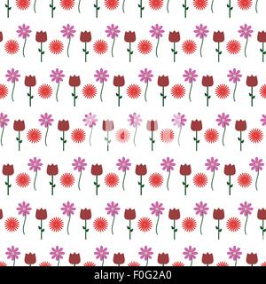 Retro floral vector seamless pattern made of red flowers, tulip and daisy. Stock Vector