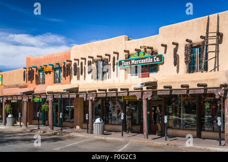 Old Town businesses of shops and stores in Taos, New Mexico, USA. Stock Photo