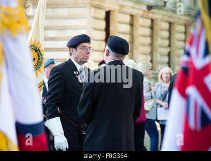 Portsmouth, UK. 15th Aug, 2015. Veterans prepare in advance of the VJ Day 70th anniversary memorial at the Cenotaph in Portsmouth. Credit:  MeonStock/Alamy Live News Stock Photo